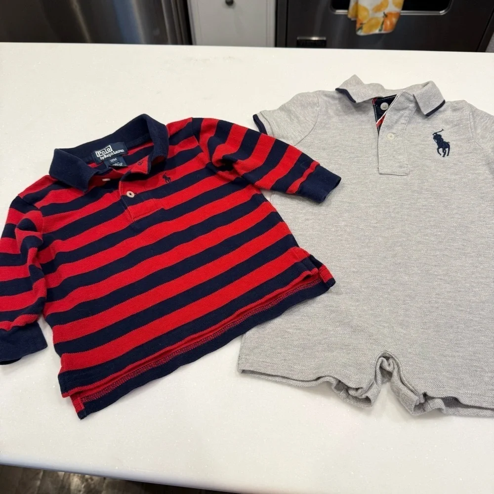 Ralph Lauren Toddler Boys Lot Of 2 Big Pony Romper /Striped Polo Shirt 12 Mo